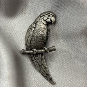 Vintage JJ Jonette Pewter Parrot Macaw on Branch Brooch Pin